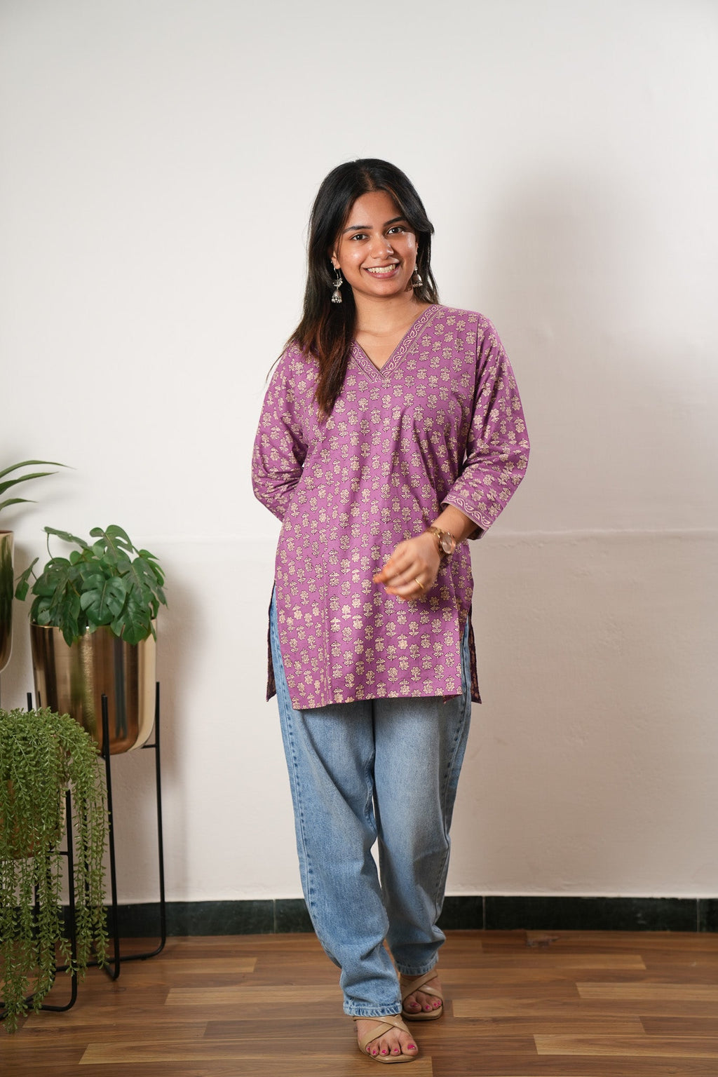 V neck cotton short kurti - Purple
