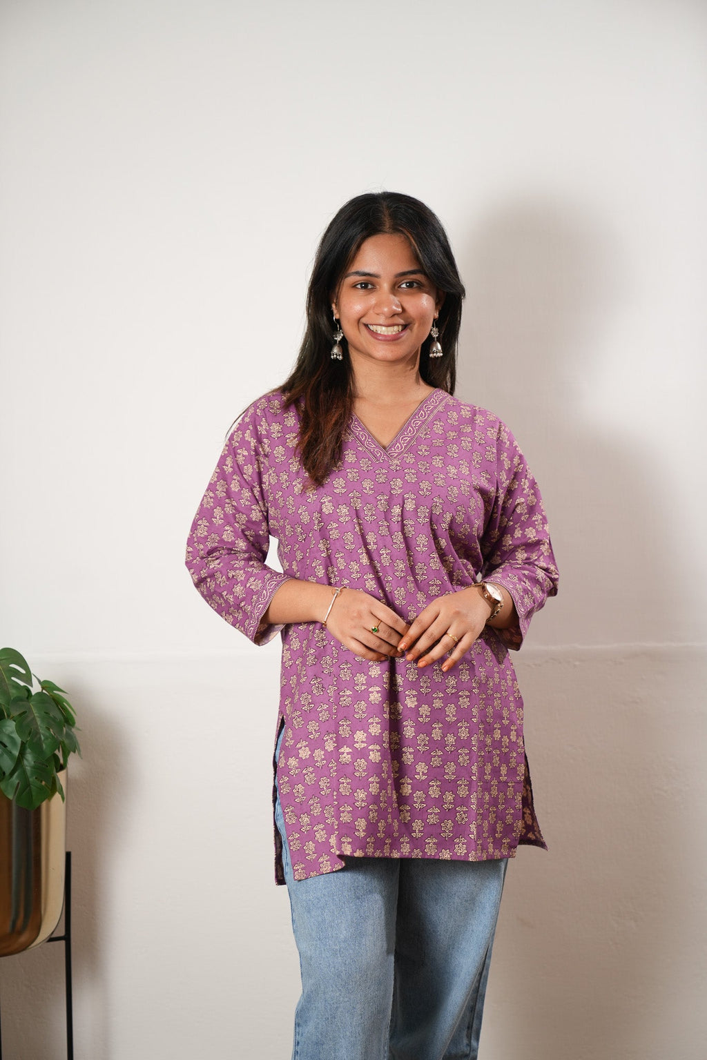 V neck cotton short kurti - Purple