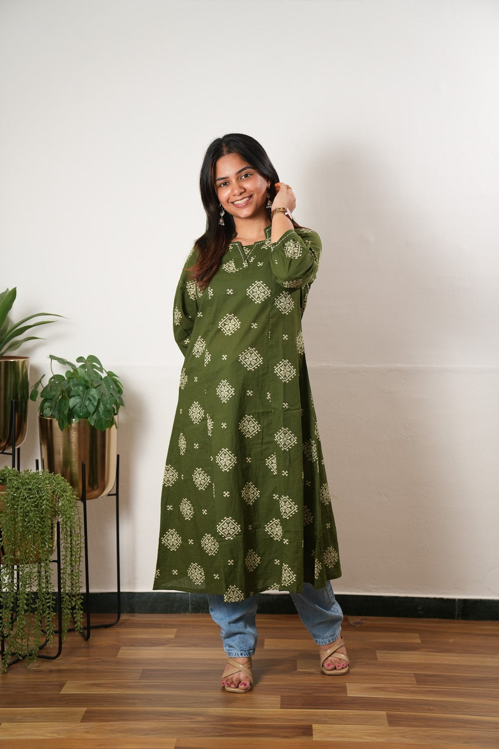Olive green cotton Aline kurta