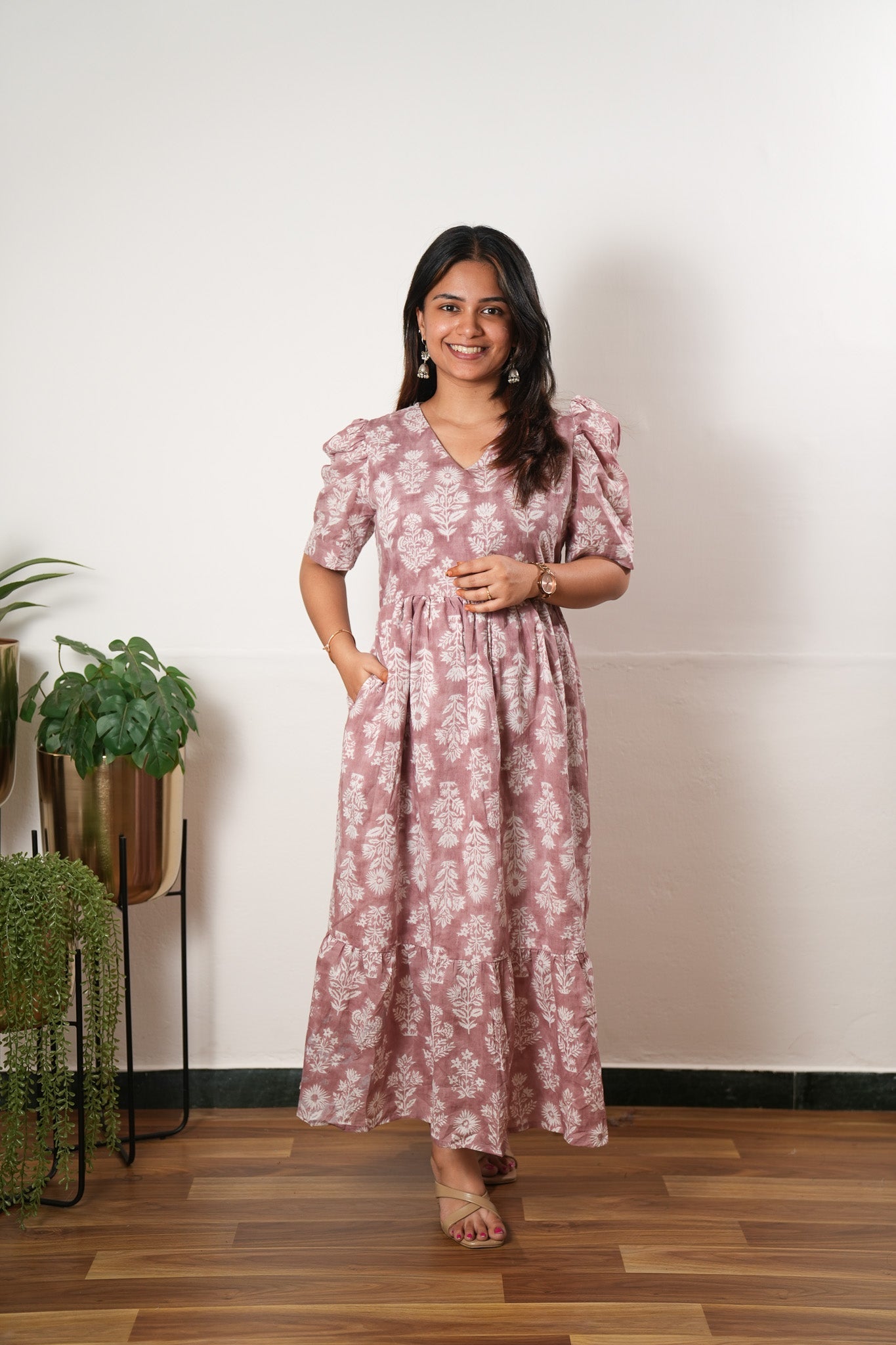 Baby pink cotton midi dress