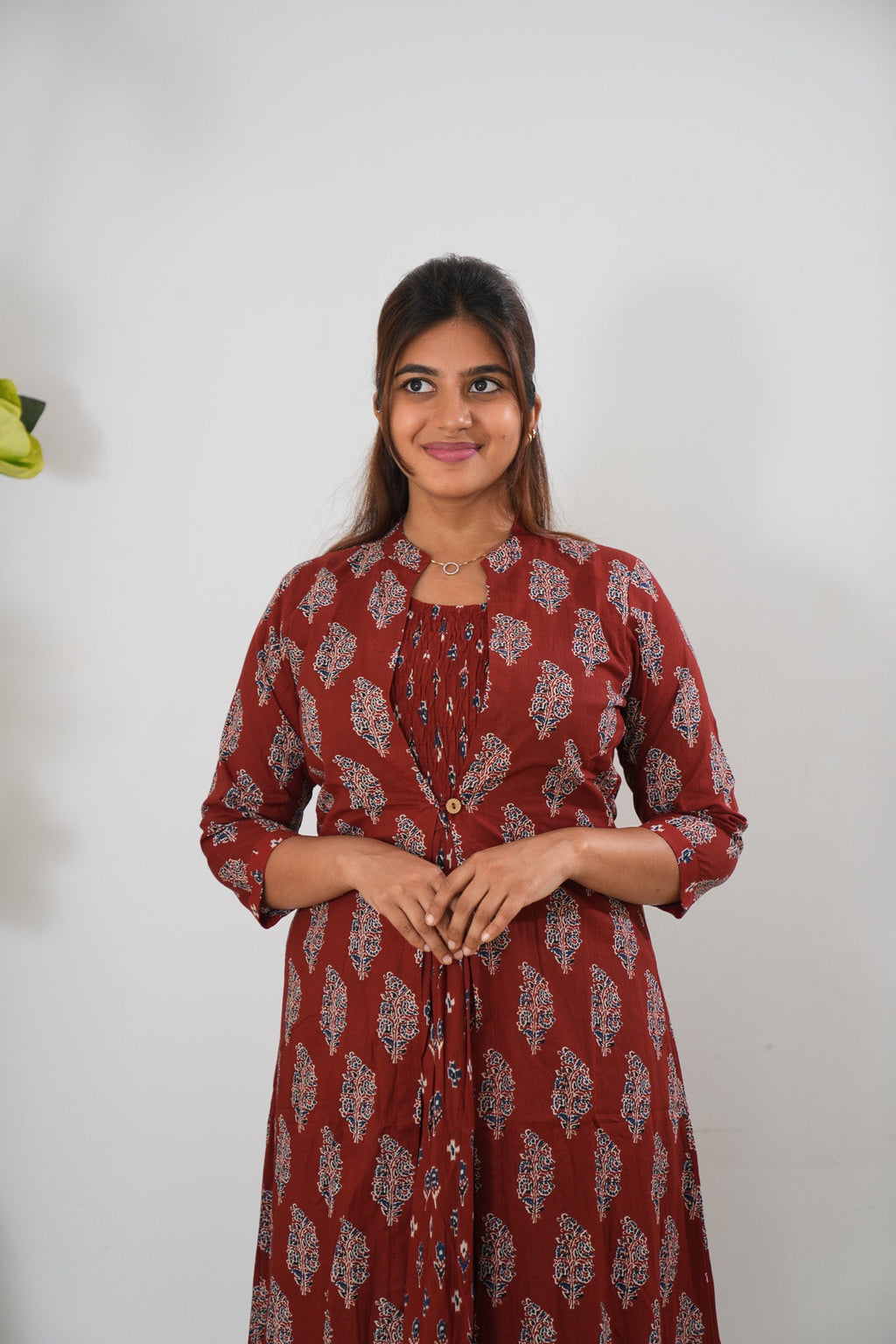 Maroon overcoat cotton midi dress