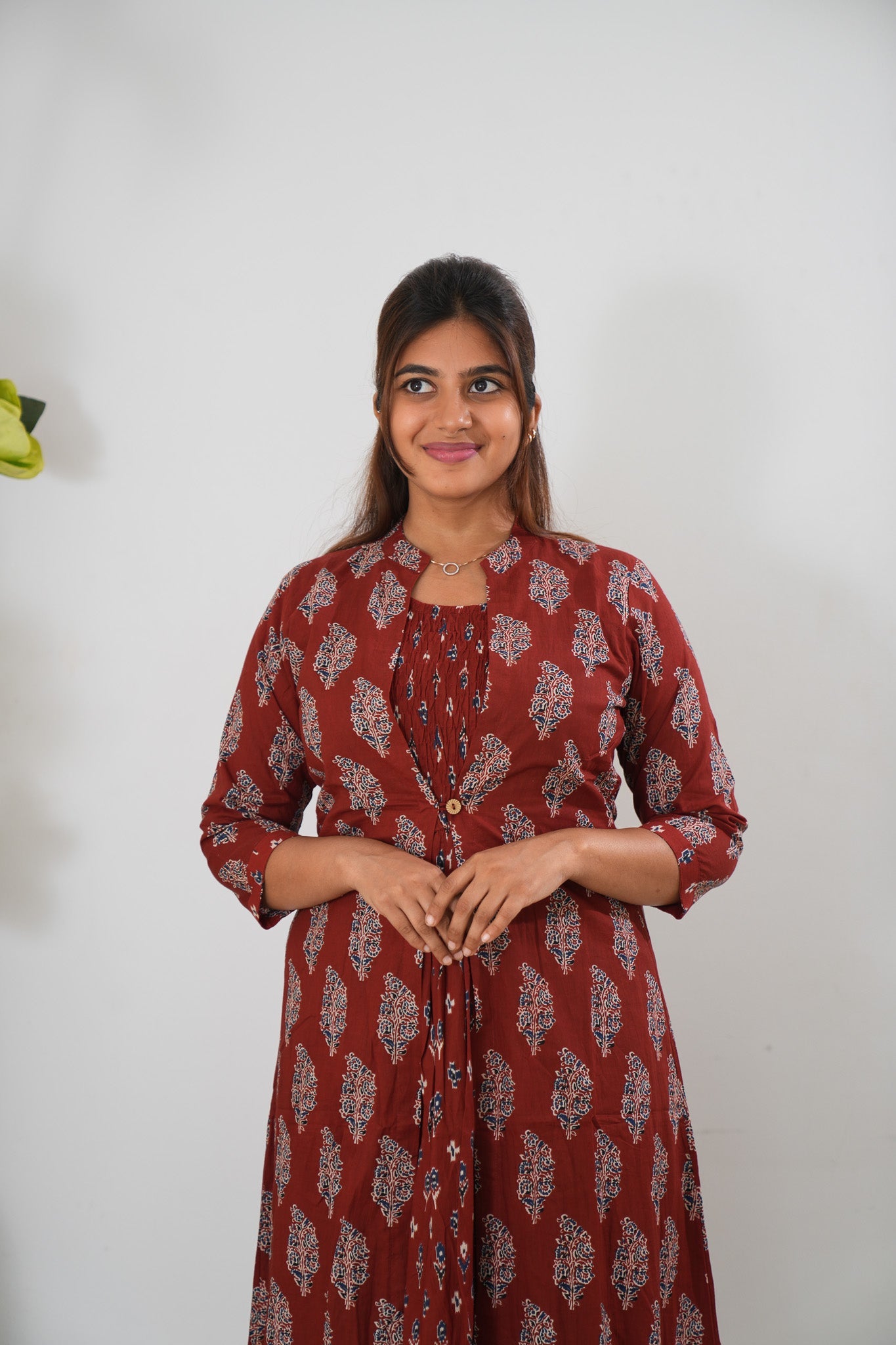 Maroon overcoat cotton midi dress