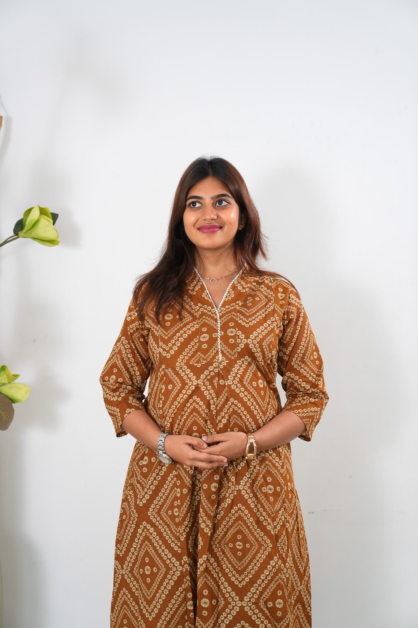 Caramel bandhani cotton maternity nursing co-ords set