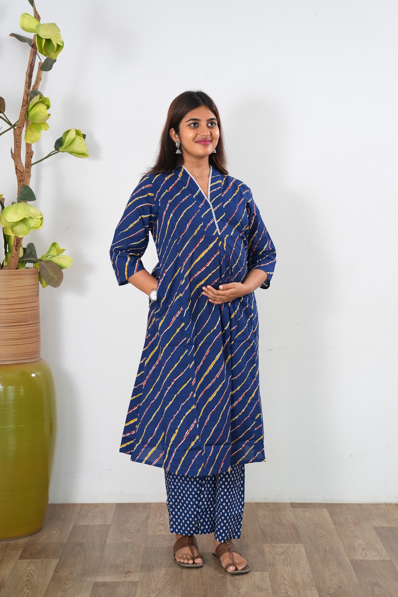 Blue stripes cotton maternity nursing co-ords set