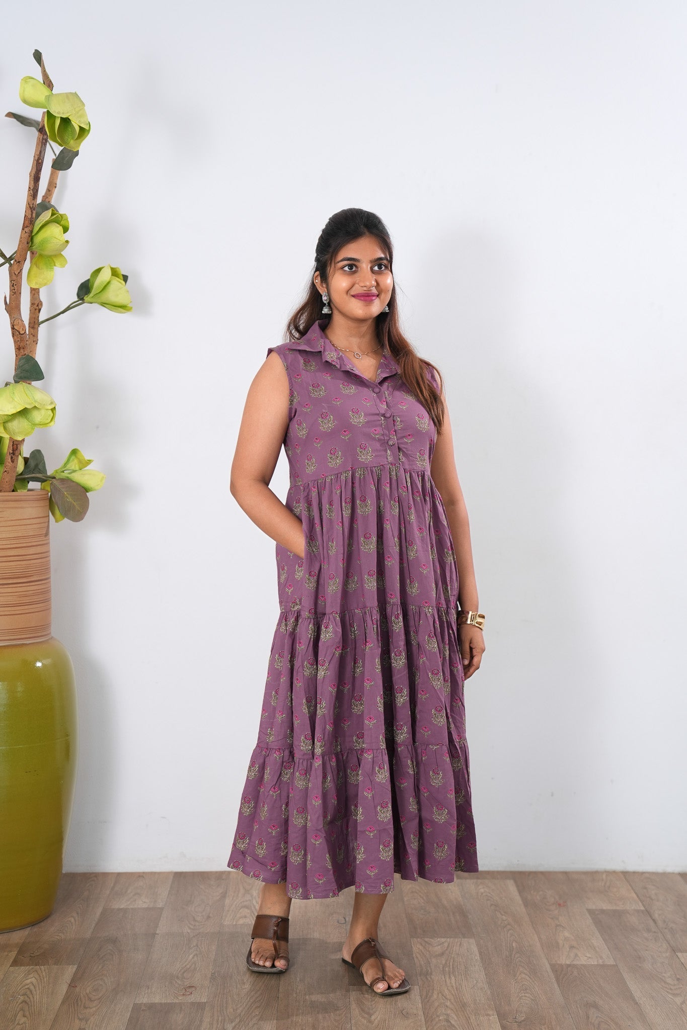 Mauve cotton button down midi dress(attached sleeves)