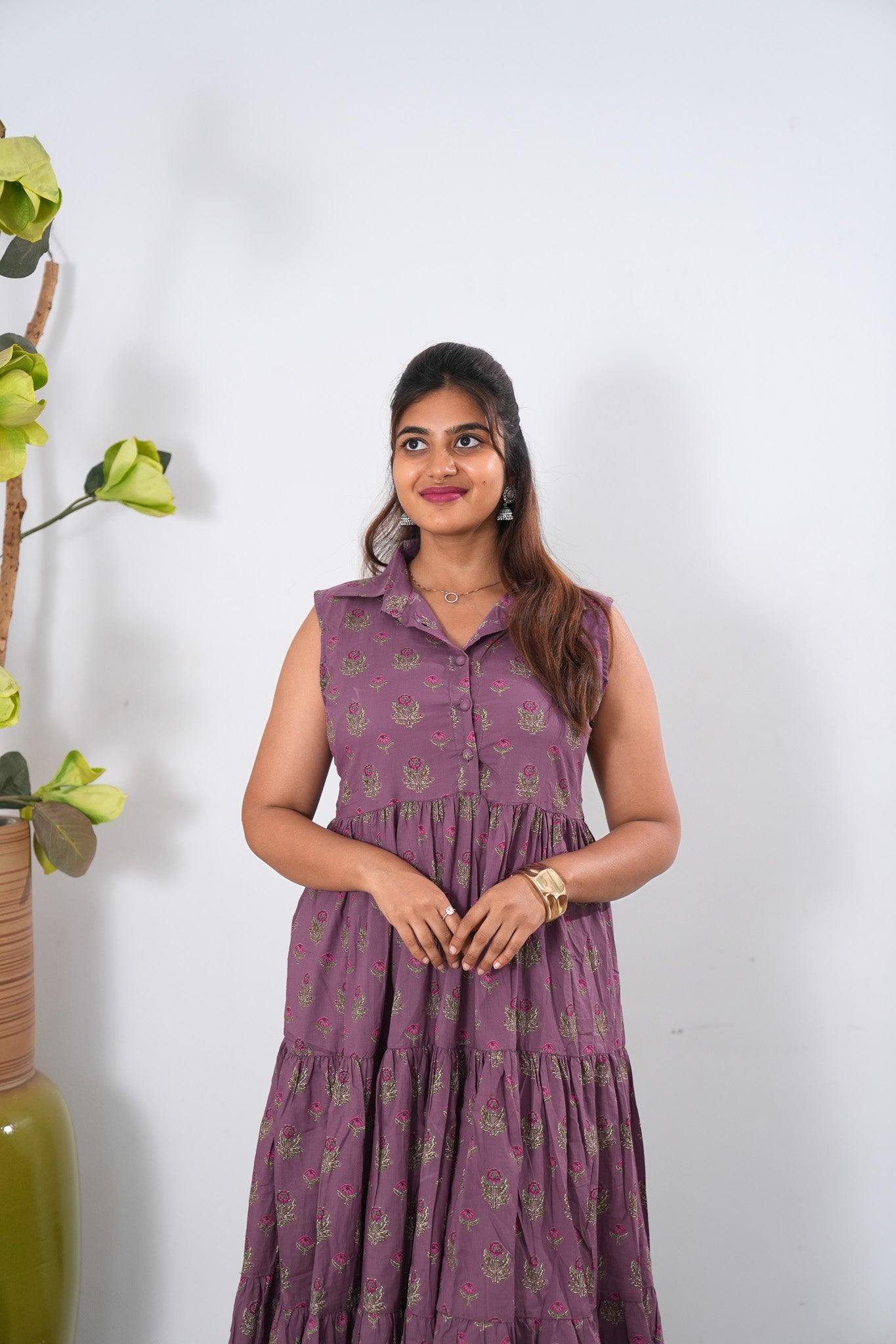 Mauve cotton button down midi dress(attached sleeves)