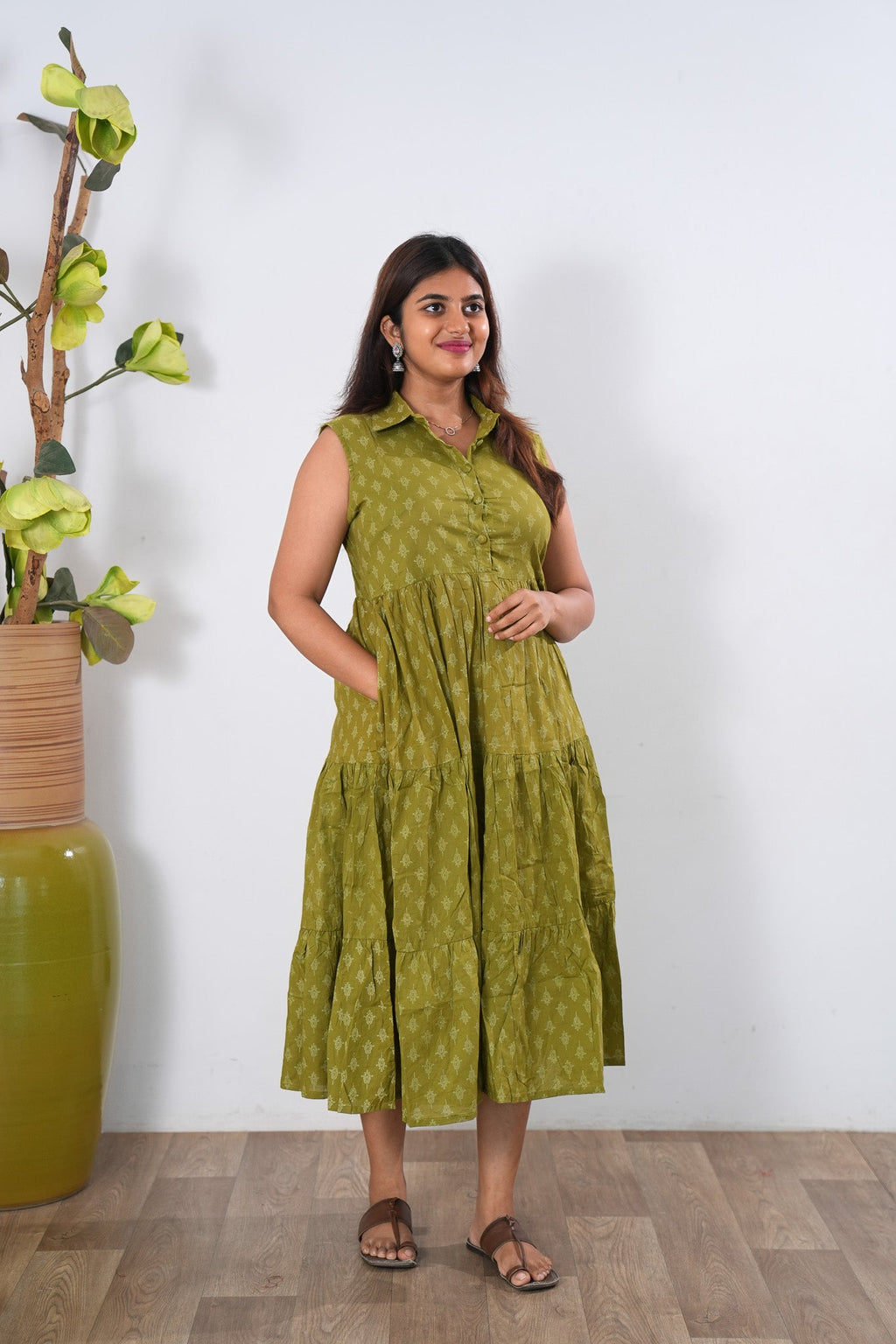 Lemonade cotton button down midi dress(attached sleeves)