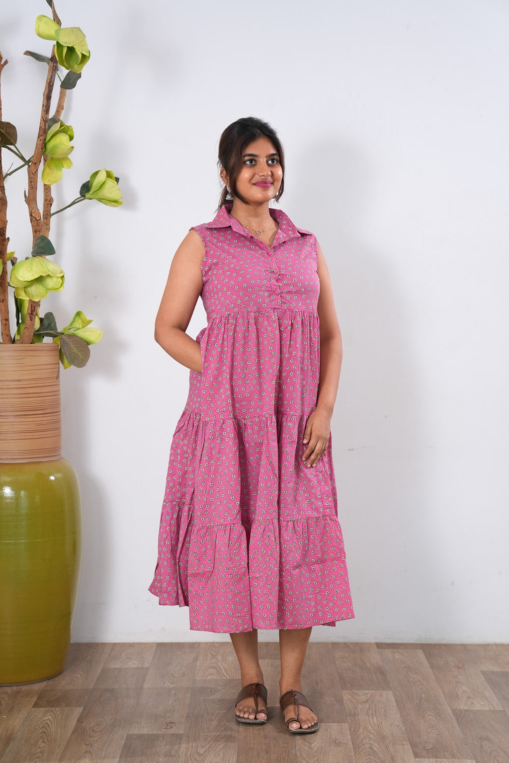 Baby pink cotton button down midi dress(attached sleeves)