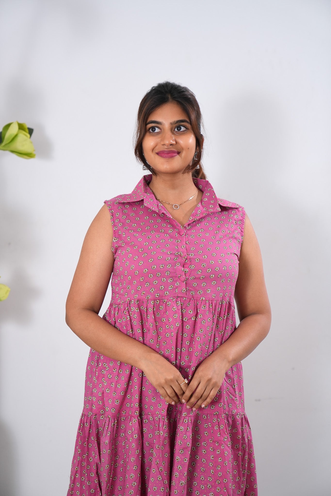 Baby pink cotton button down midi dress(attached sleeves)