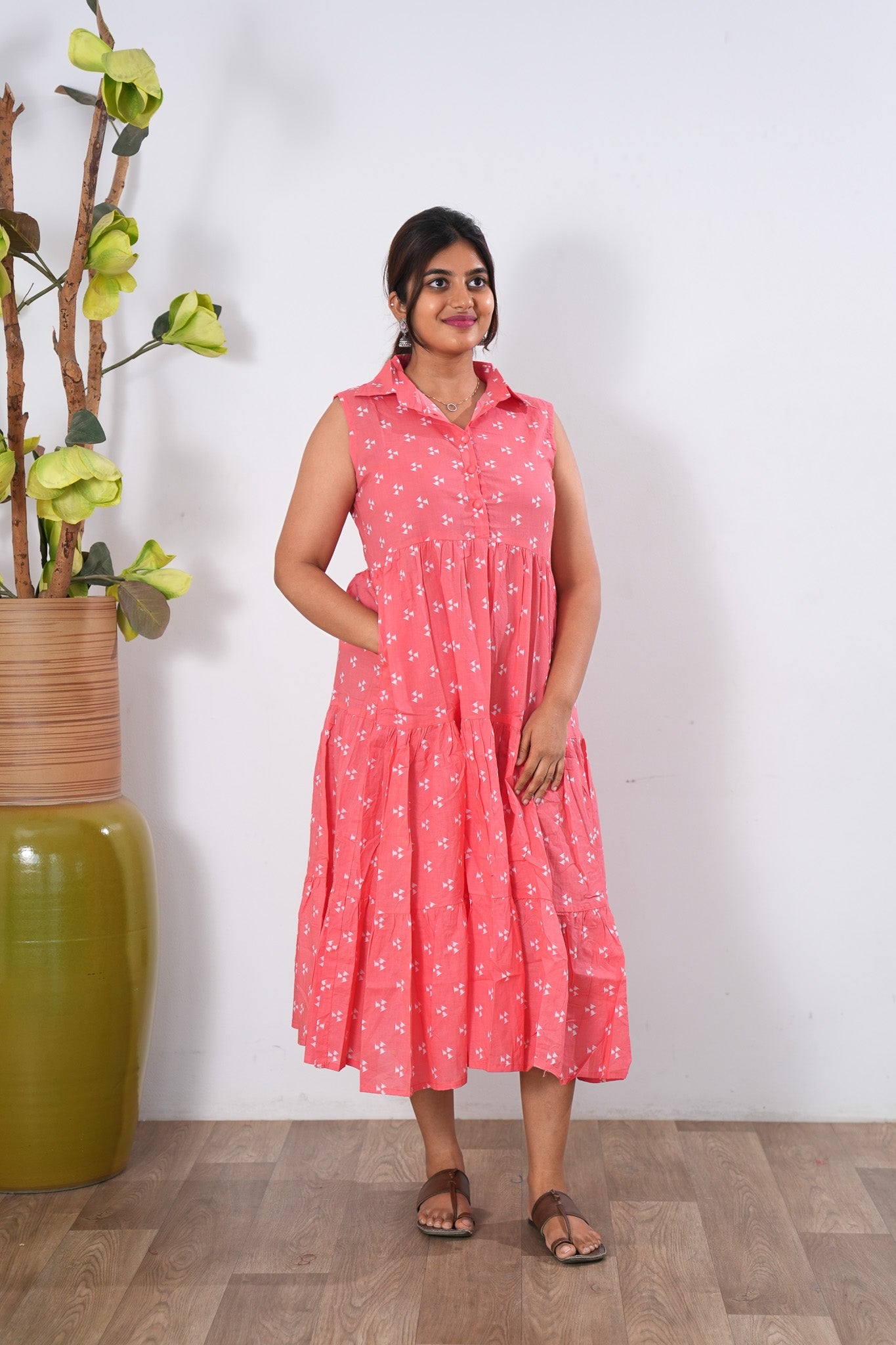 Peach cotton button down midi dress(attached sleeves)