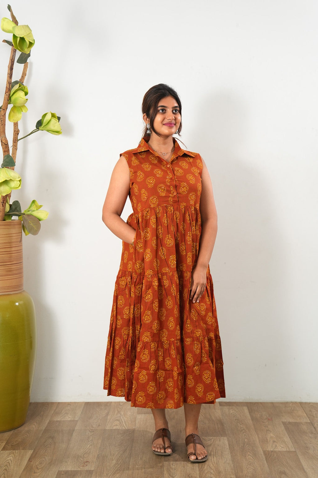 Orange butta cotton button down midi dress(attached sleeves)