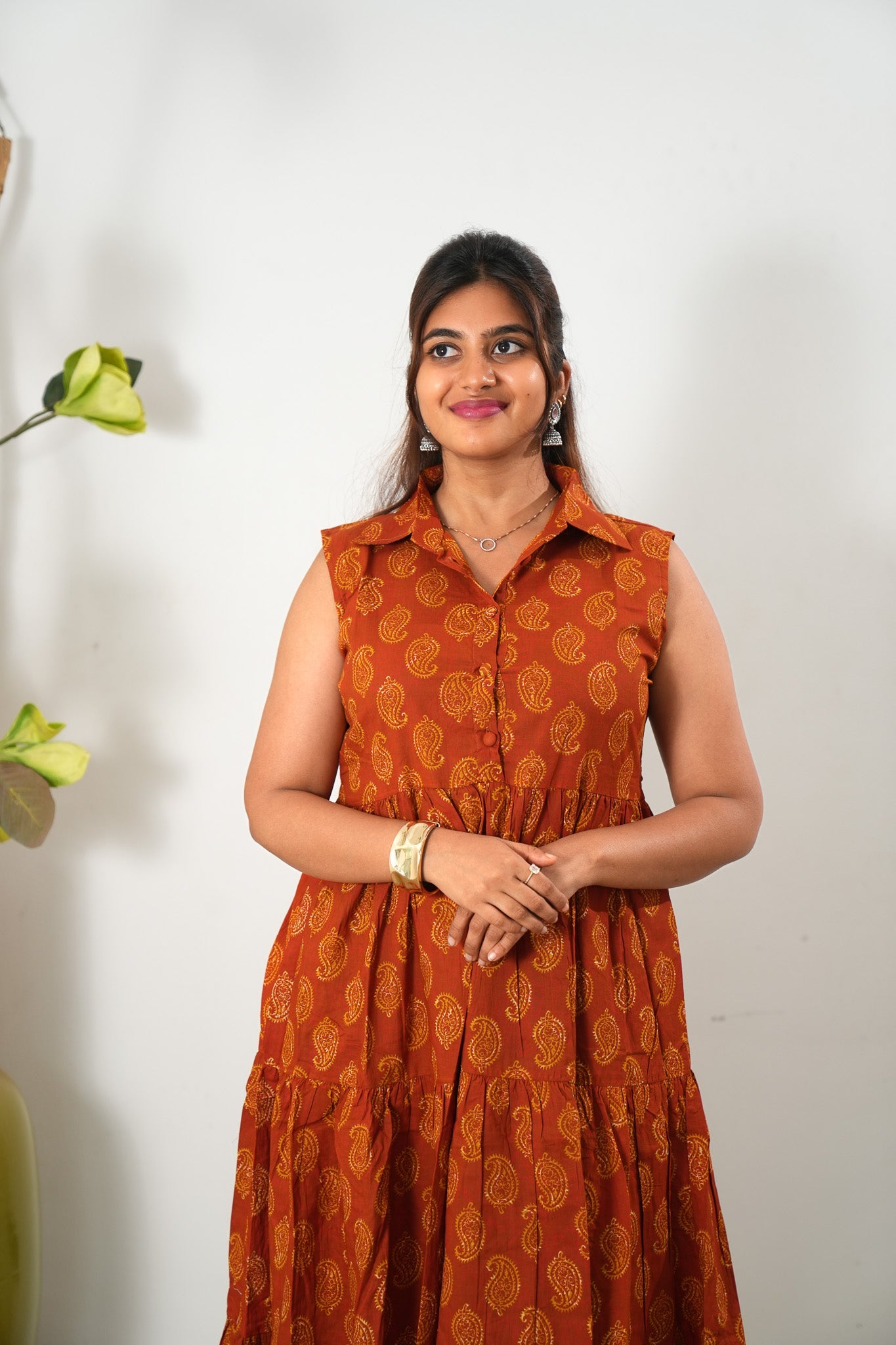 Rust orange paisley cotton button down midi dress(attached sleeves)