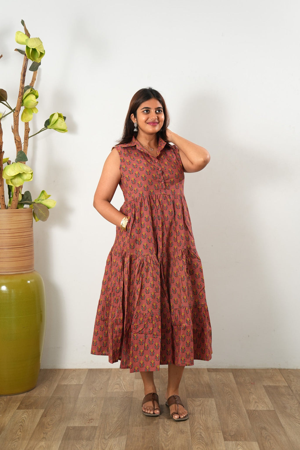 Peach blossom cotton button down midi dress(attached sleeves)