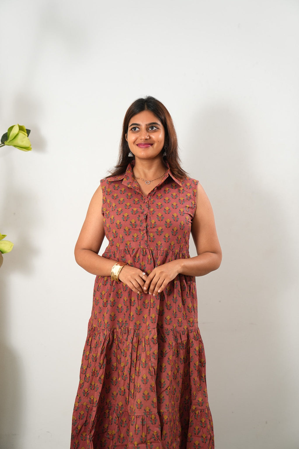 Peach blossom cotton button down midi dress(attached sleeves)