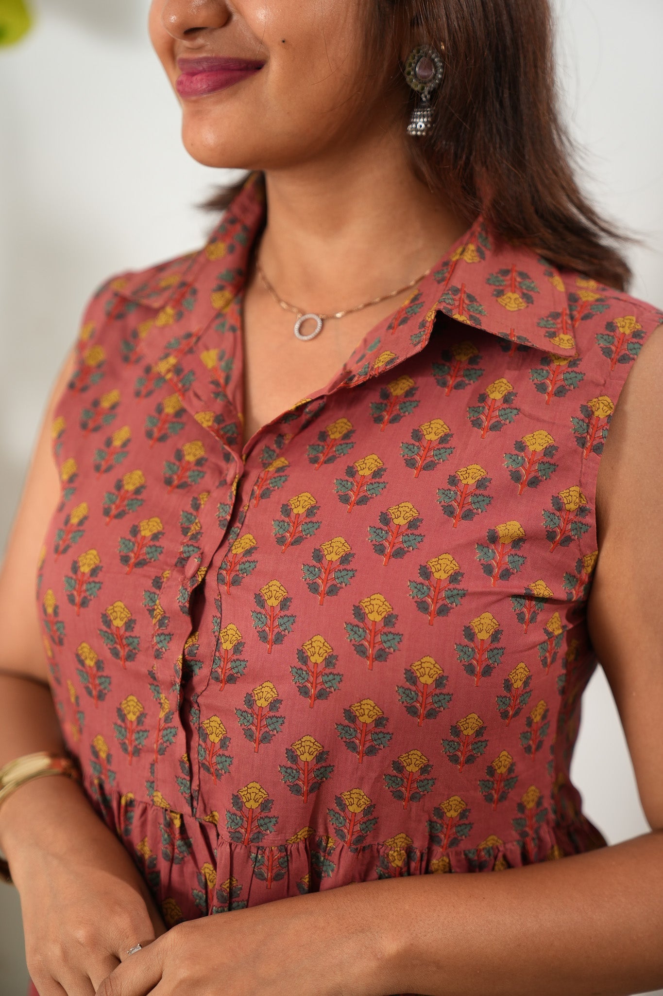 Peach blossom cotton button down midi dress(attached sleeves)