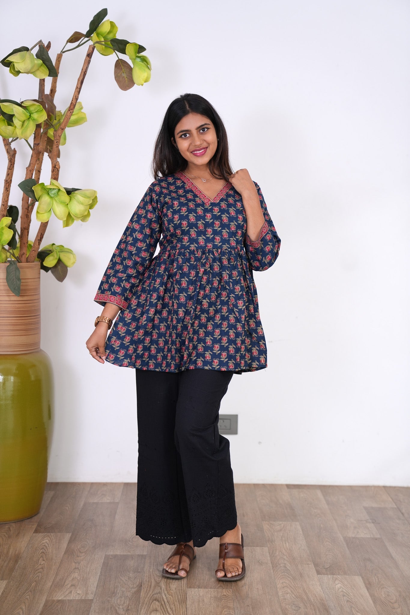 Meryl v neck cotton short kurti-Midnight blue