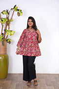 Meryl v neck cotton short kurti-Red
