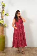 Strawberry cotton button down midi dress(attached sleeves)