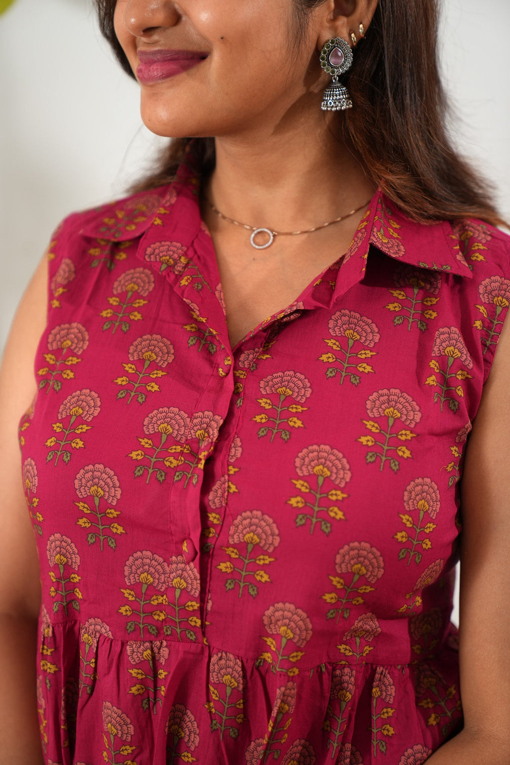 Strawberry cotton button down midi dress(attached sleeves)