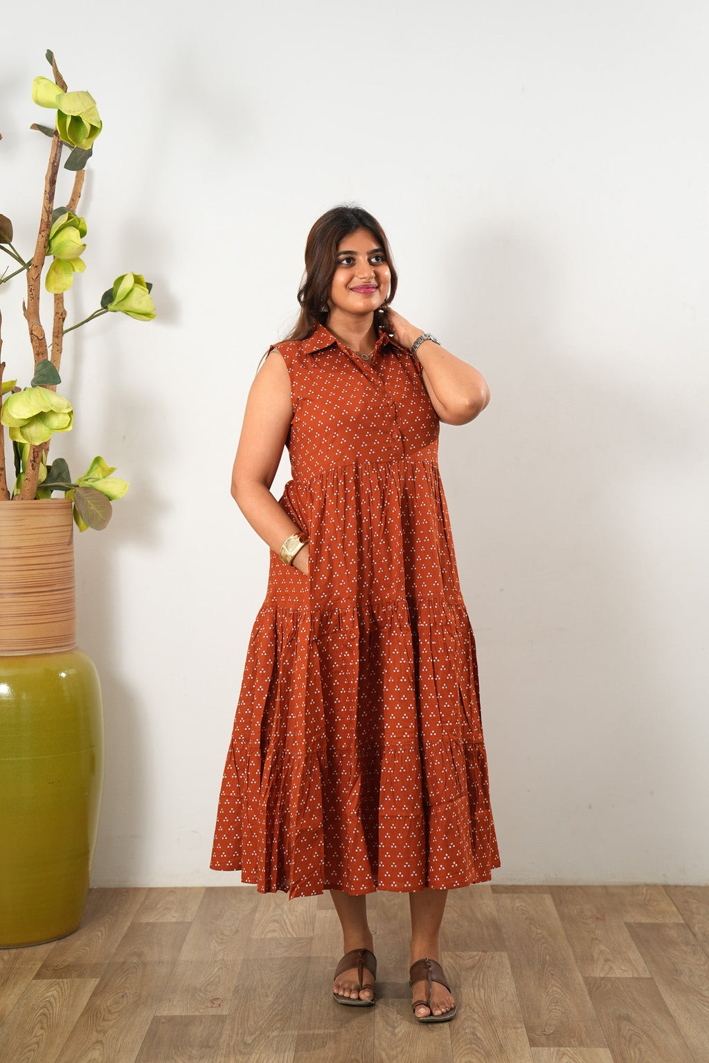 Rust orange cotton button down midi dress(attached sleeves)