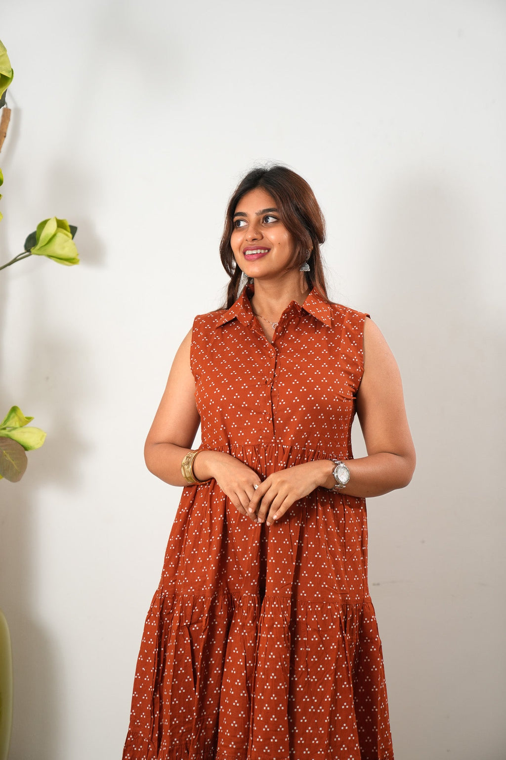 Rust orange cotton button down midi dress(attached sleeves)
