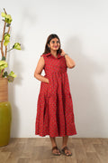 Deep red cotton button down midi dress(attached sleeves)