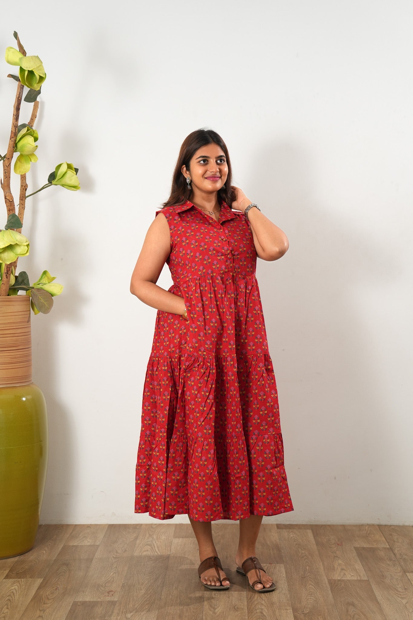 Deep red cotton button down midi dress(attached sleeves)