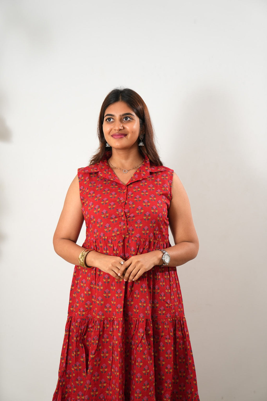 Deep red cotton button down midi dress(attached sleeves)