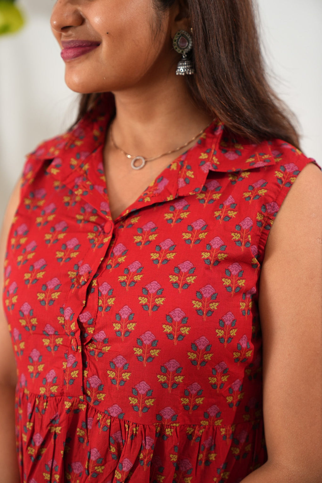 Deep red cotton button down midi dress(attached sleeves)