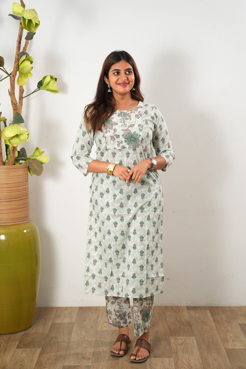 Soft beige round neck cotton co-ords set