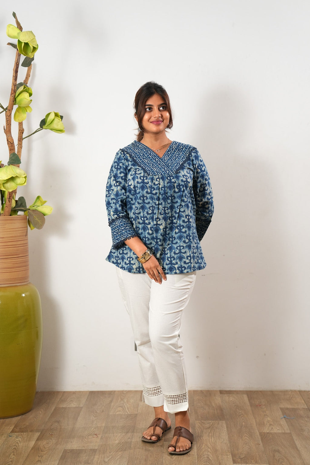 Indigo tie and dye cotton top