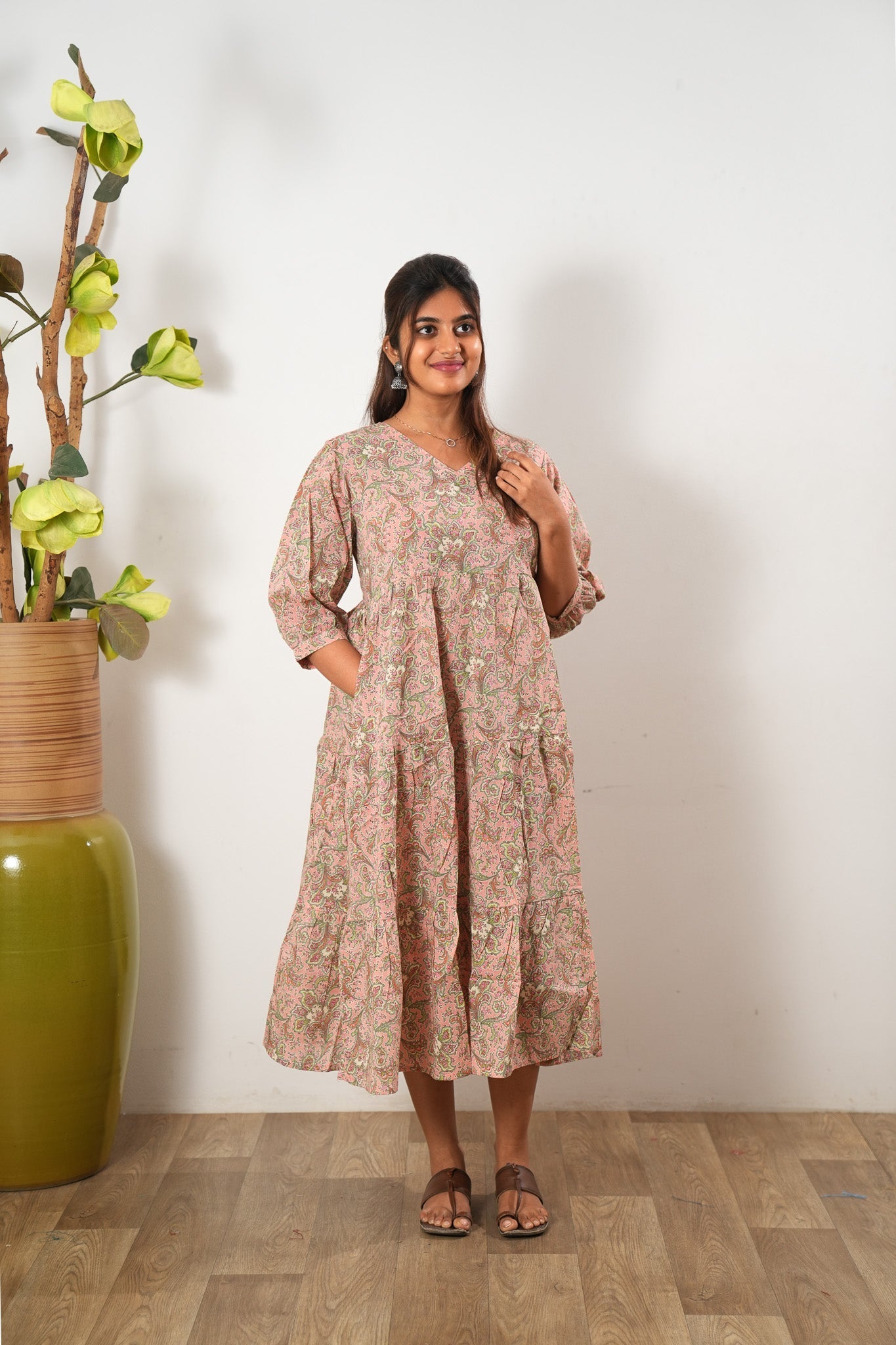 Peach paisley cotton midi dress