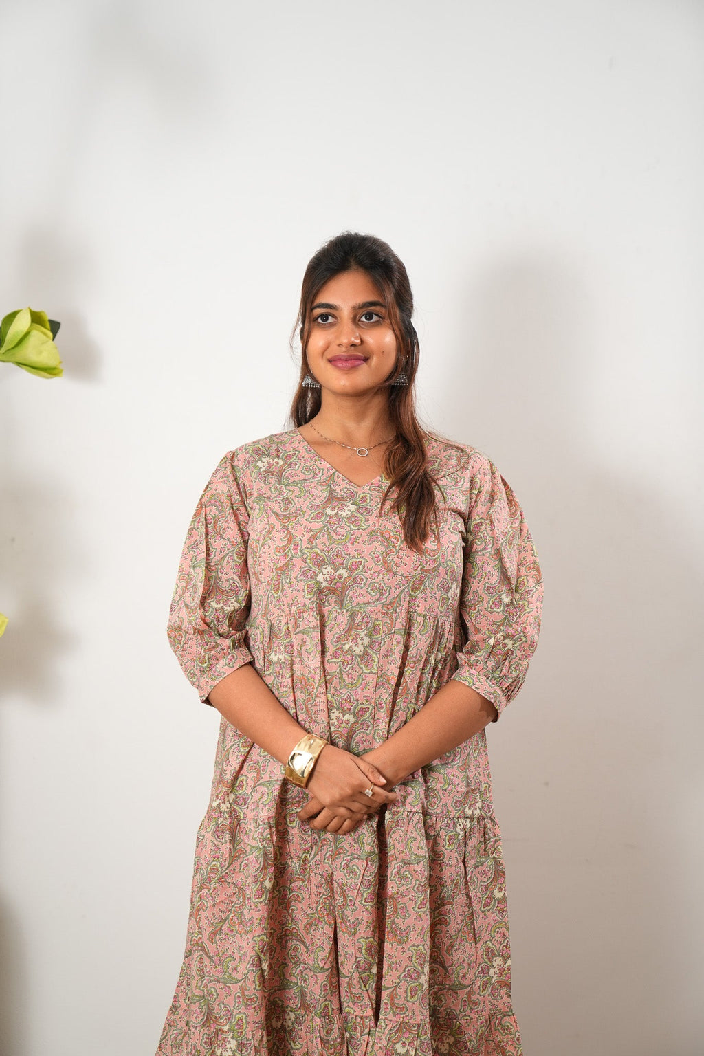 Peach paisley cotton midi dress