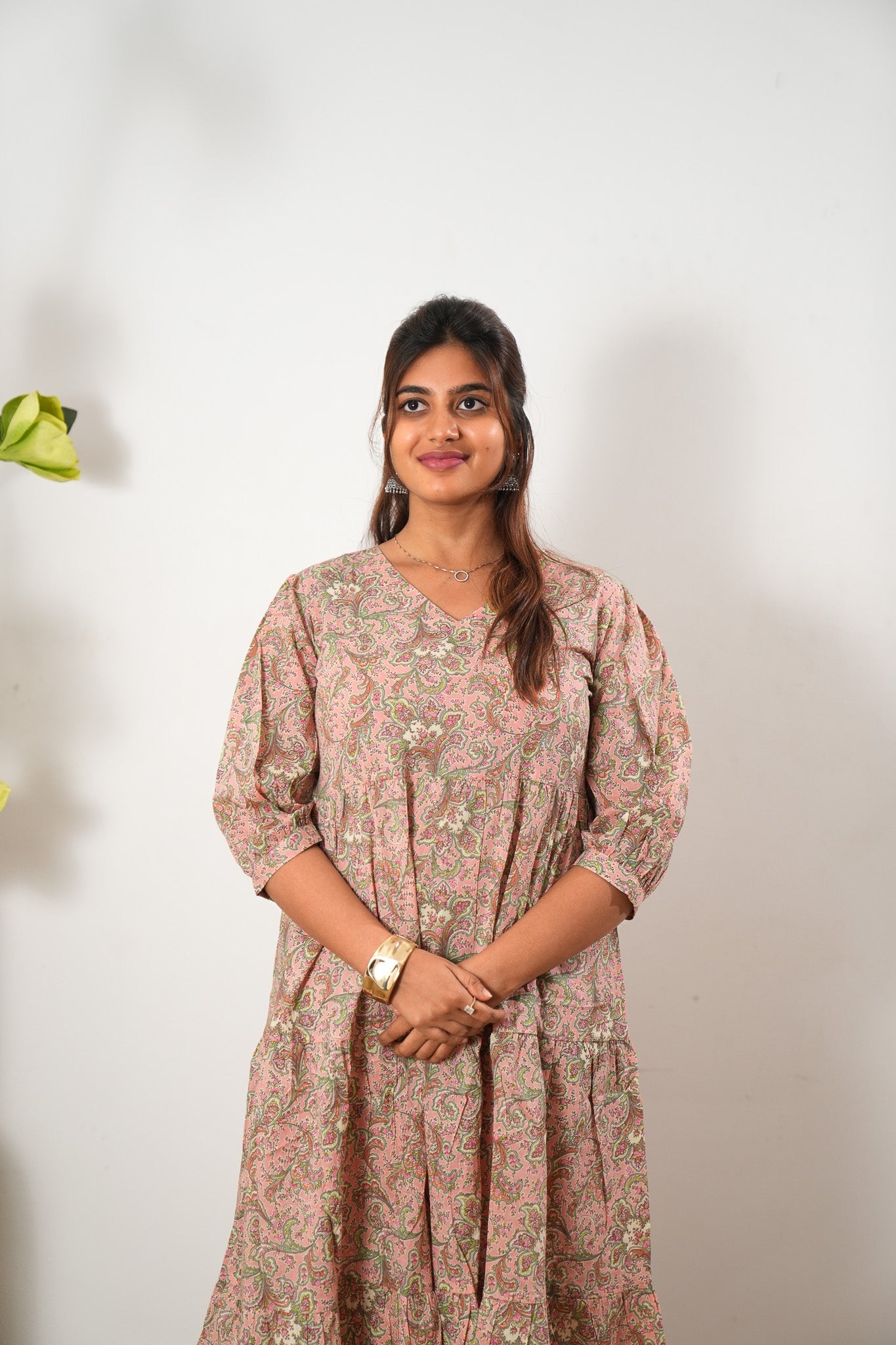 Peach paisley cotton midi dress