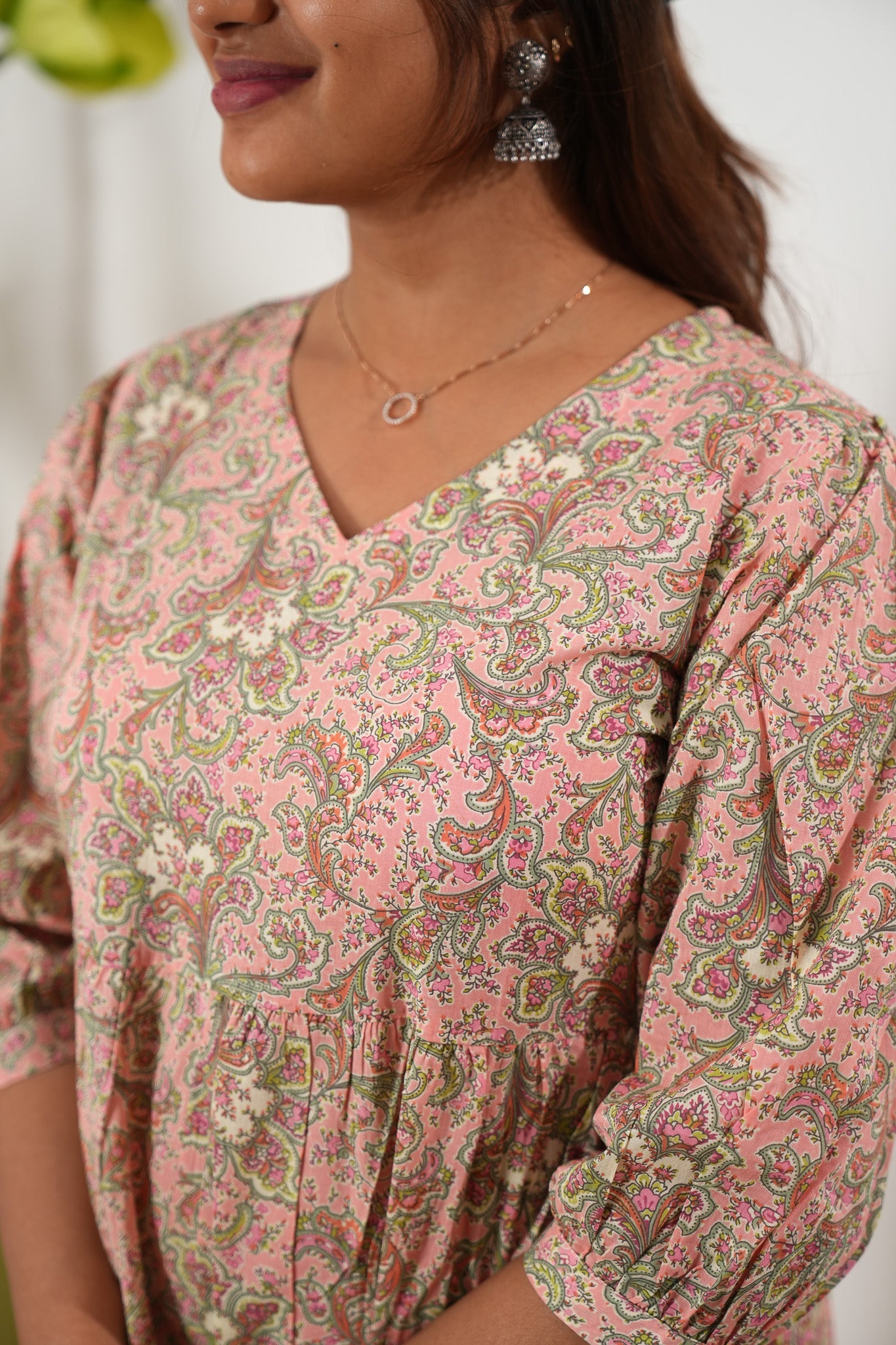 Peach paisley cotton midi dress