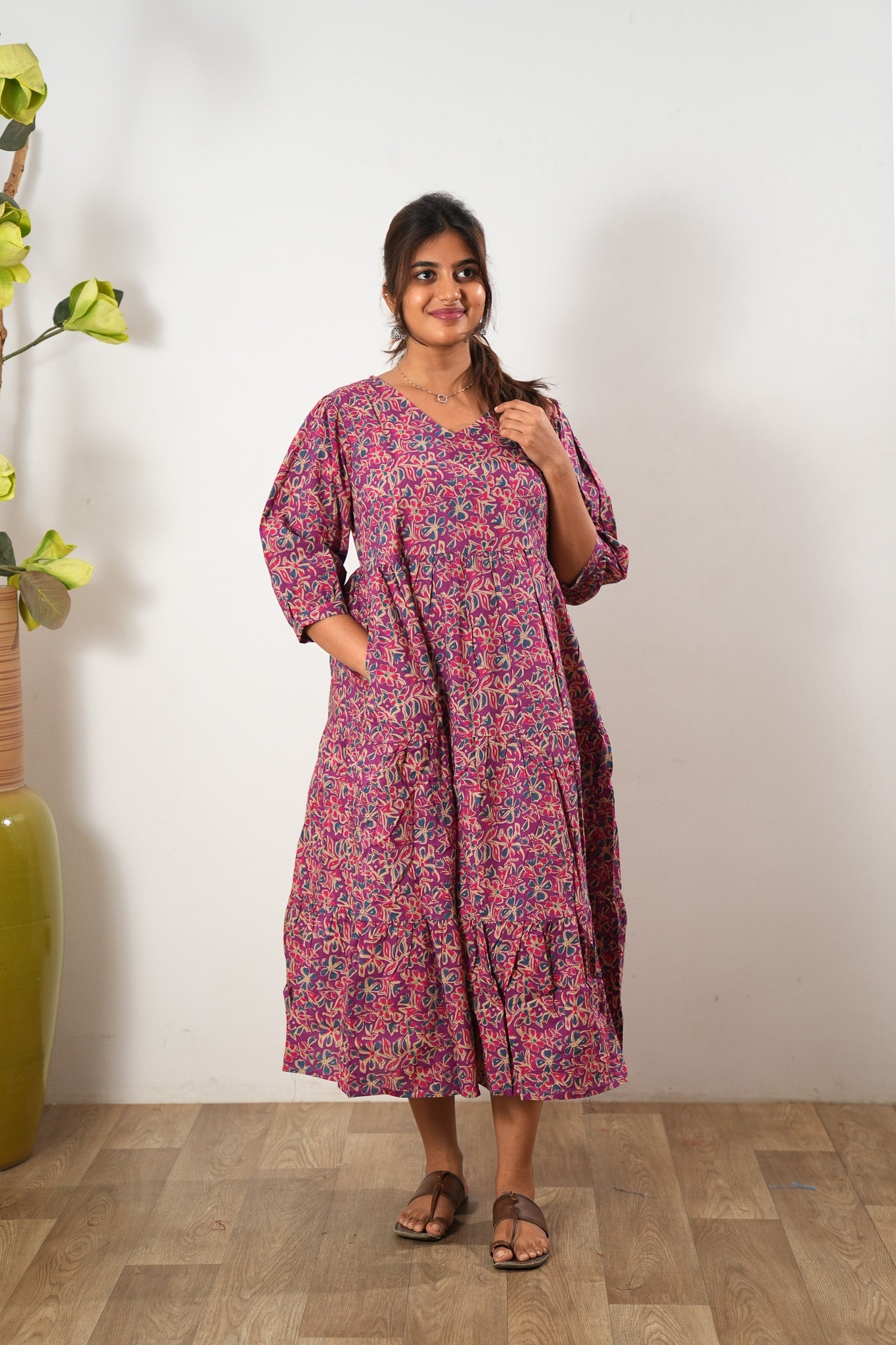 Deep magenta cotton midi dress