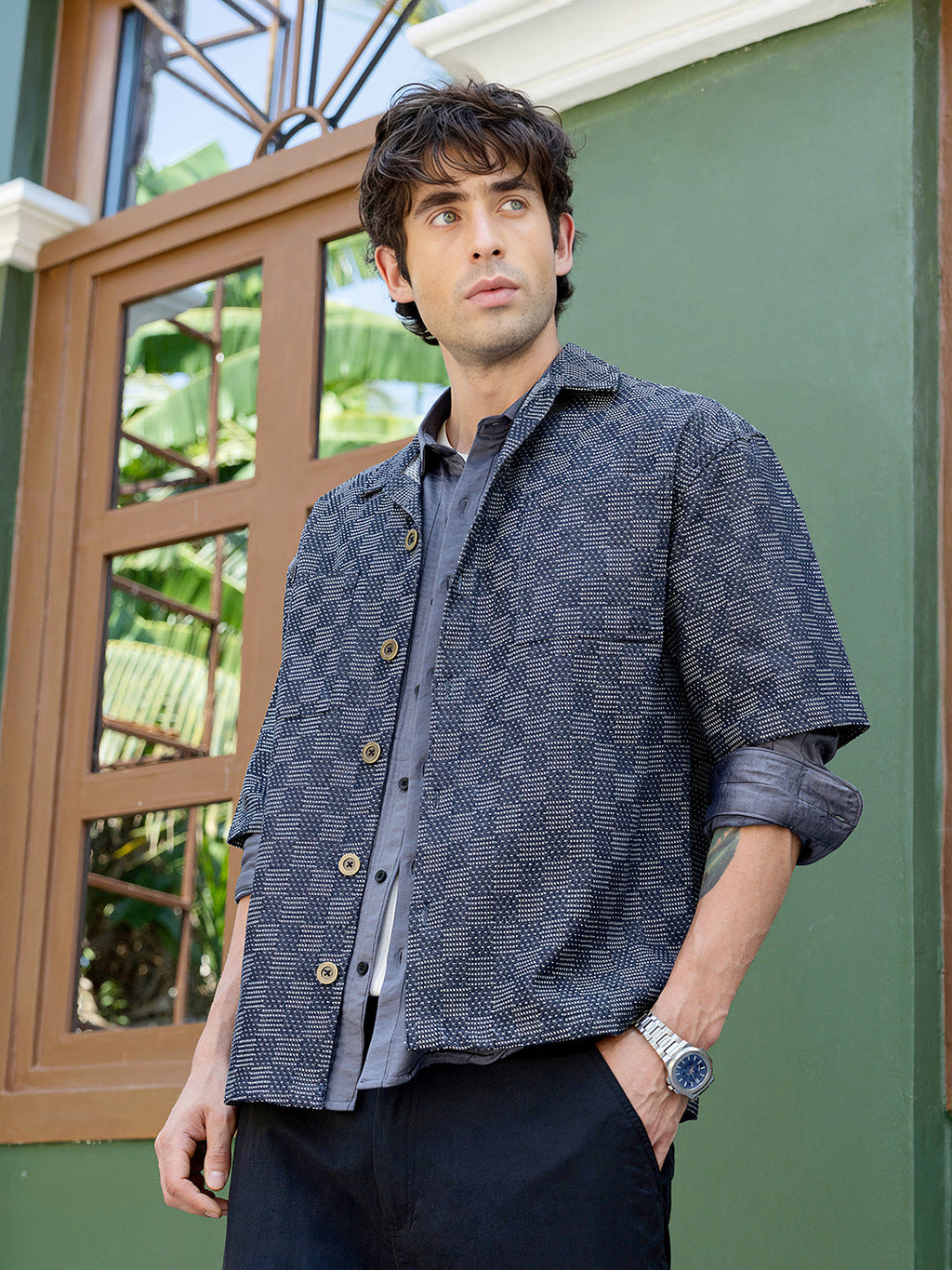 Men's Woven Geometric Pattern Cuban Collar Shirt