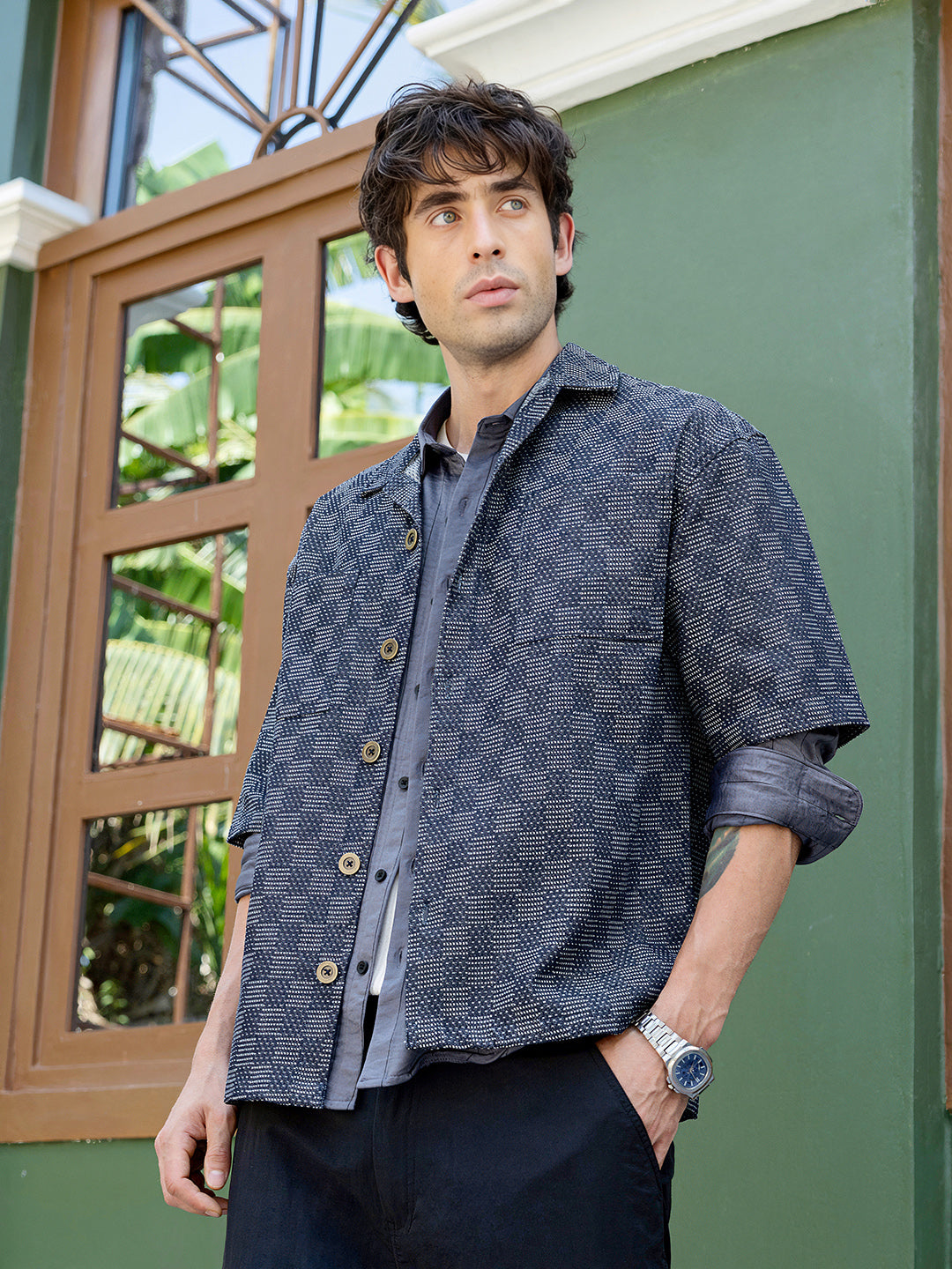 Men's Woven Geometric Pattern Cuban Collar Shirt