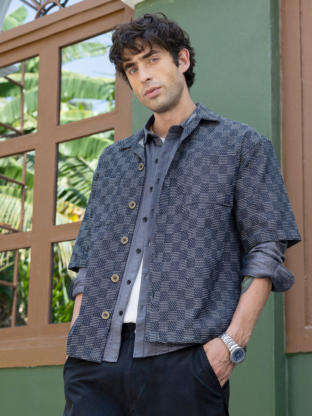 Men's Woven Geometric Pattern Cuban Collar Shirt