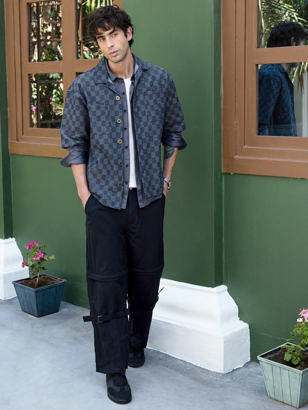 Men's Woven Geometric Pattern Cuban Collar Shirt