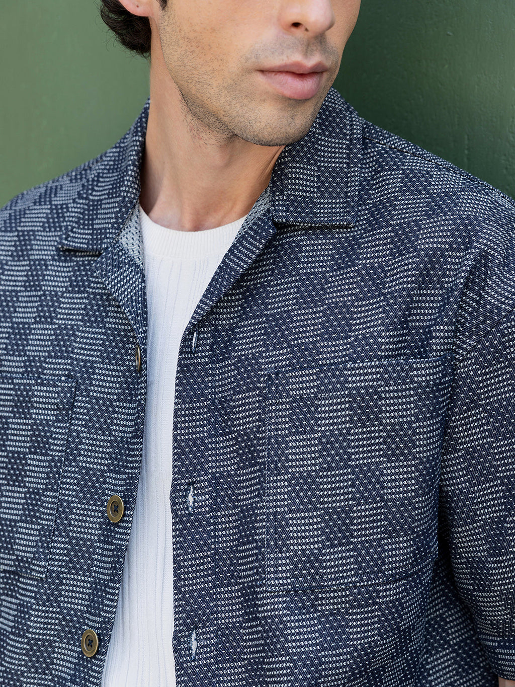 Men's Woven Geometric Pattern Cuban Collar Shirt