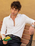 Men's White & Black Striped Regular Fit Full Sleeve Spread Collar Casual Shirt