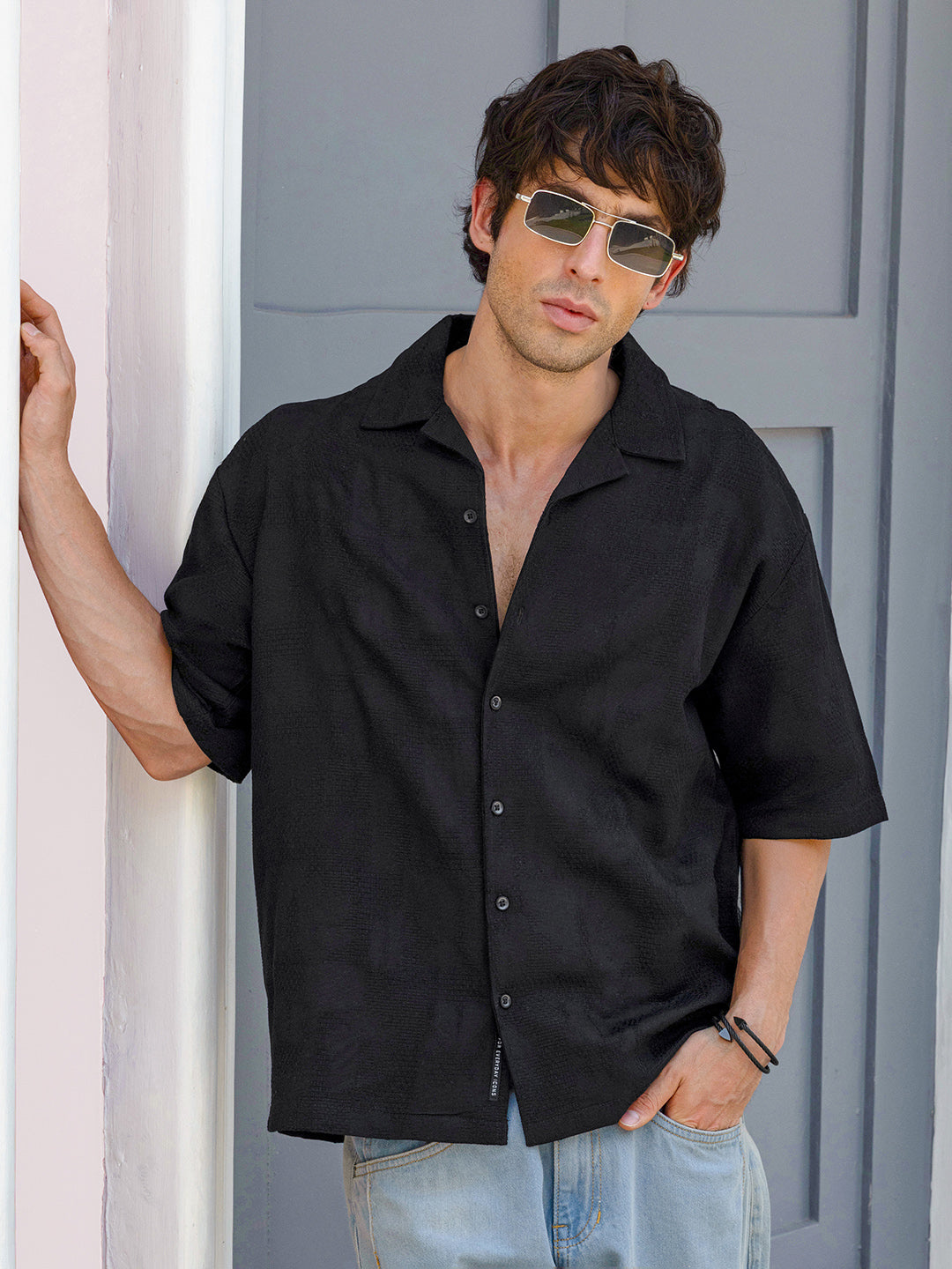Men's Textured Cuban Collar Relaxed Fit Shirt