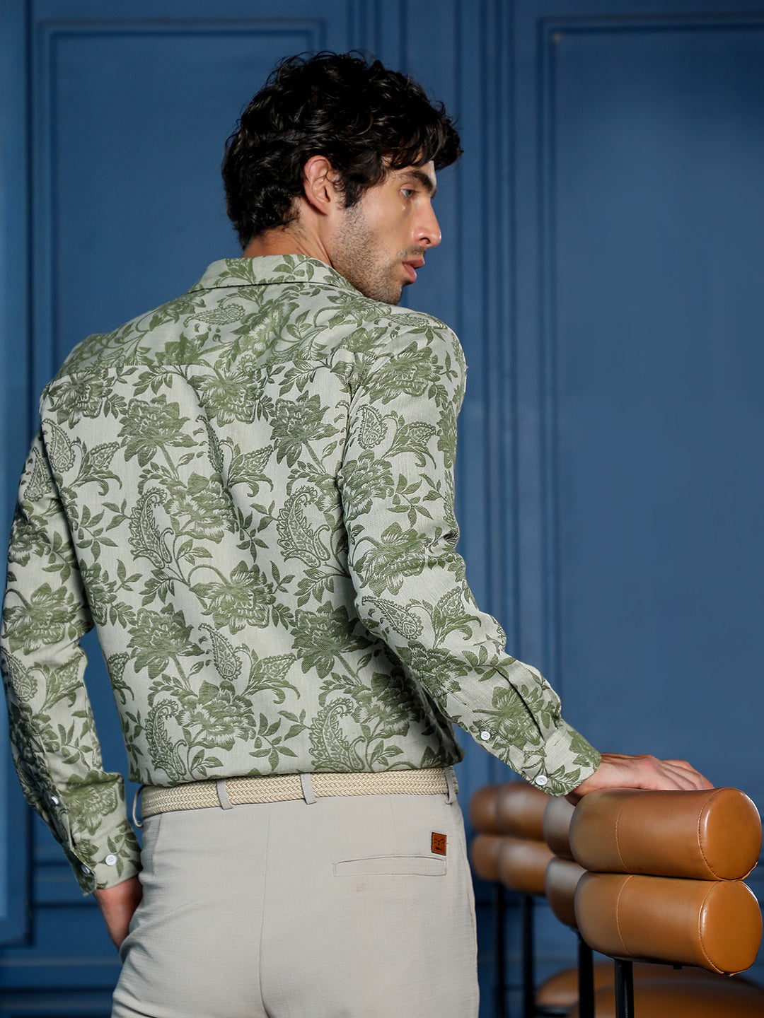 Men's Sage Green Floral & Paisley Printed Casual Shirt