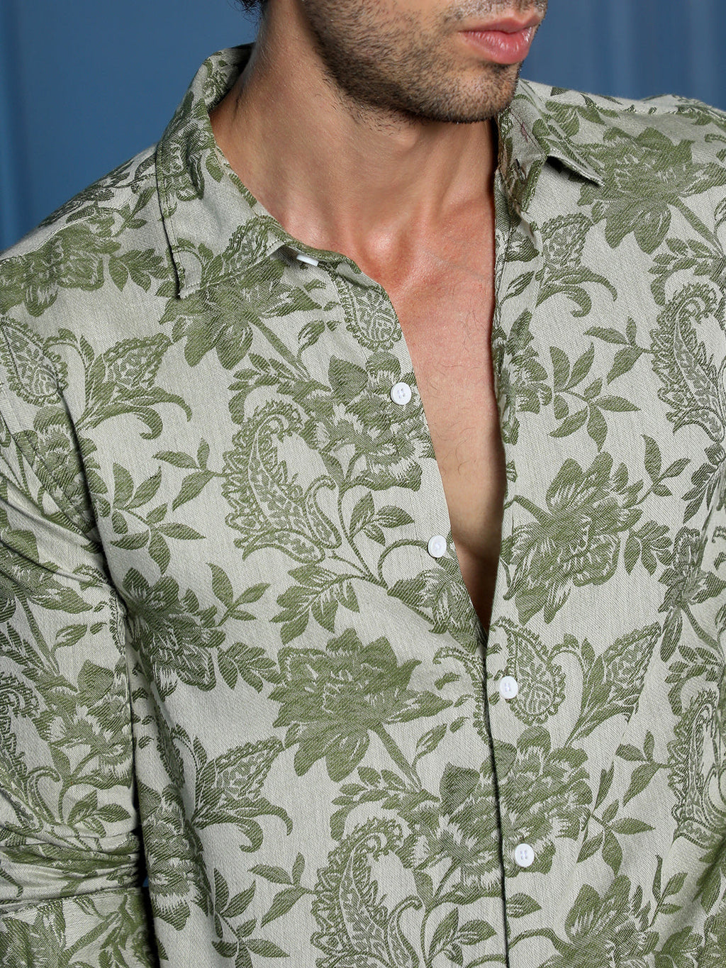 Men's Sage Green Floral & Paisley Printed Casual Shirt