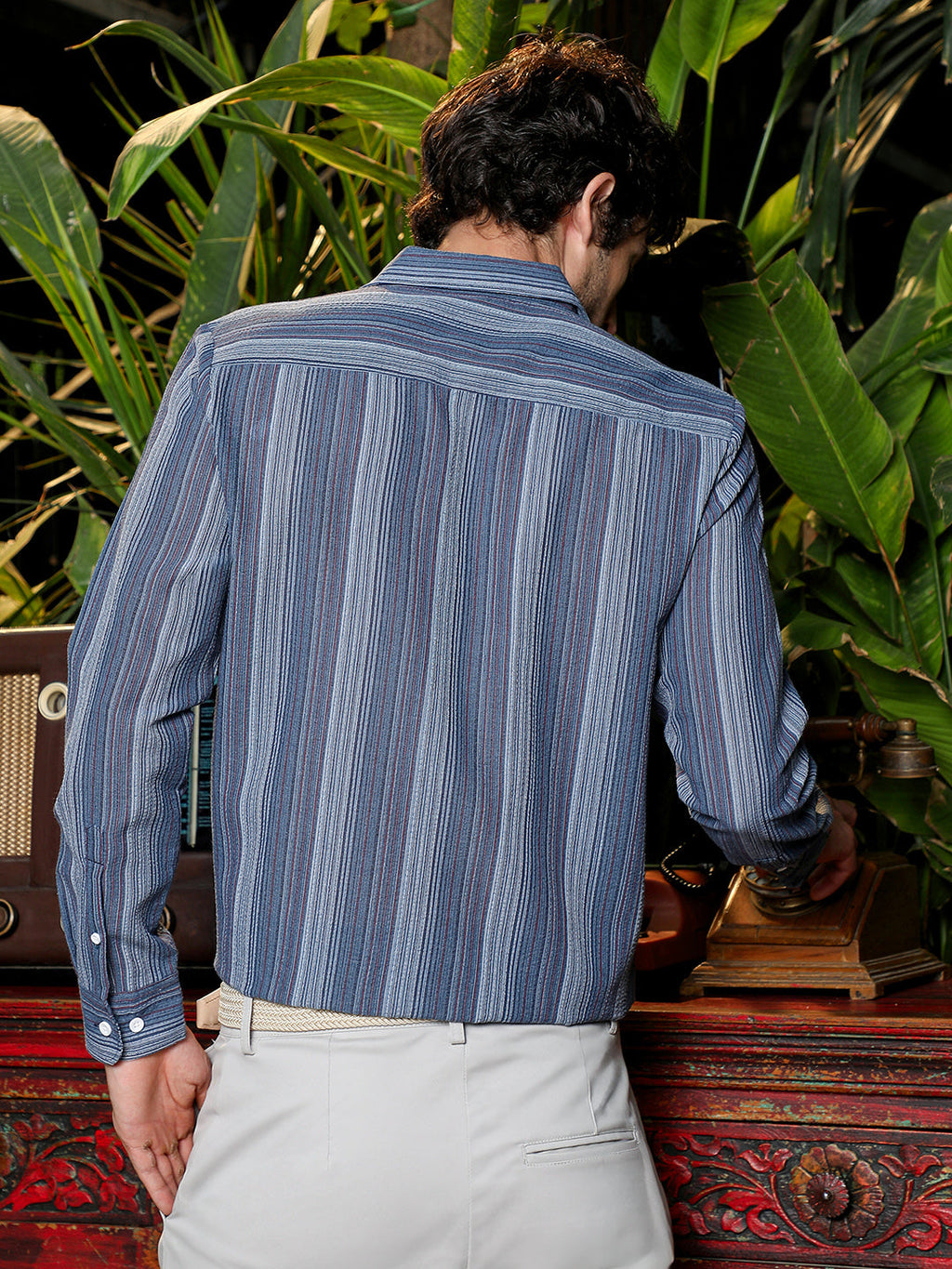 Men's Blue Textured Vertical Stripe Casual Shirt