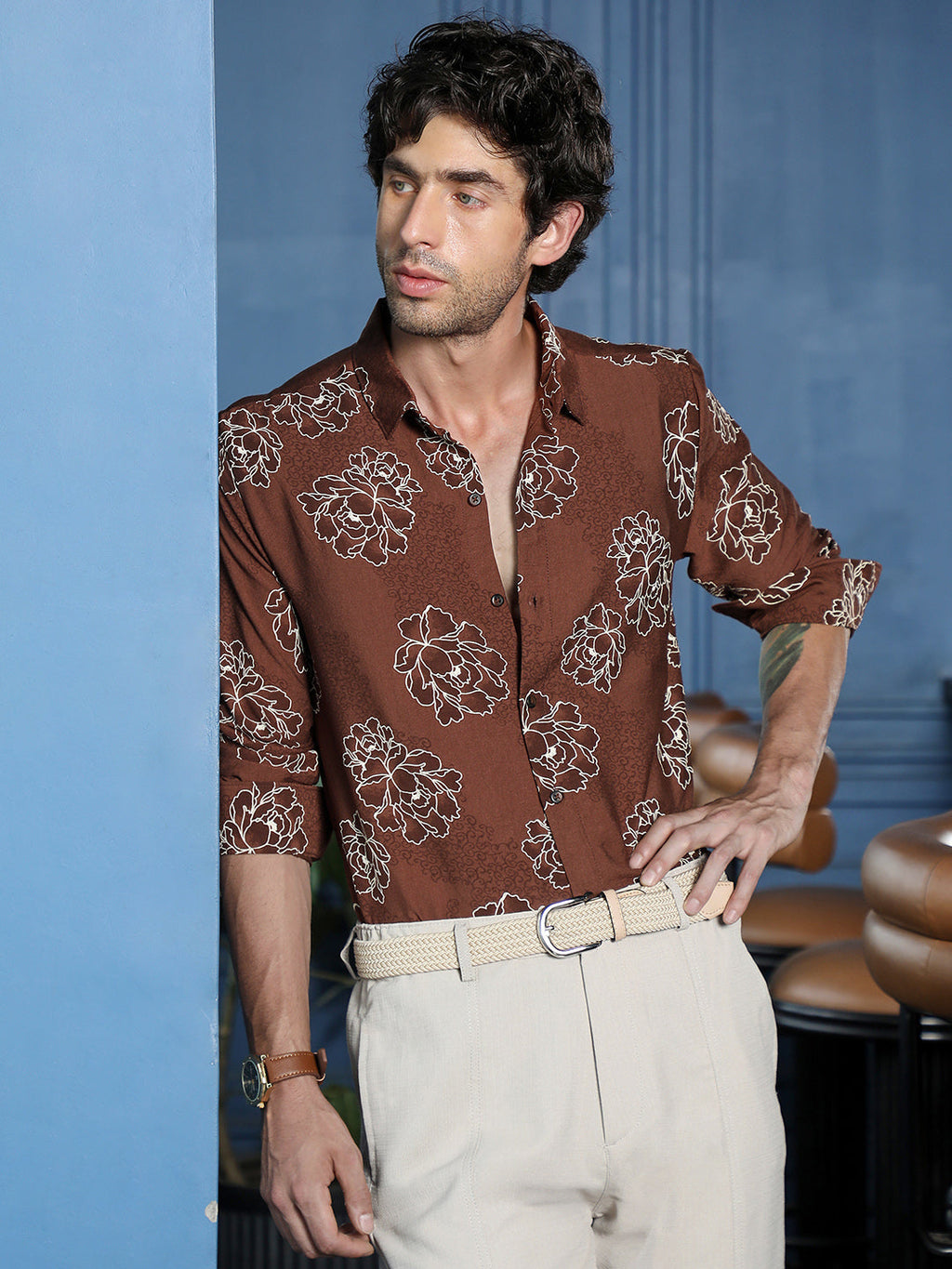 Men's Brown Floral Print Regular Fit Casual Shirt