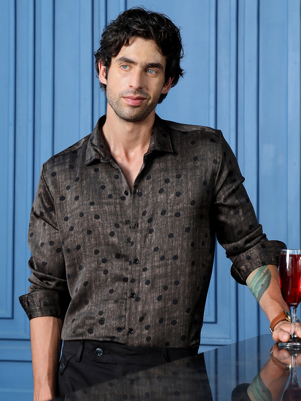 Men's Slim Fit Polka Dot Printed Party Shirt