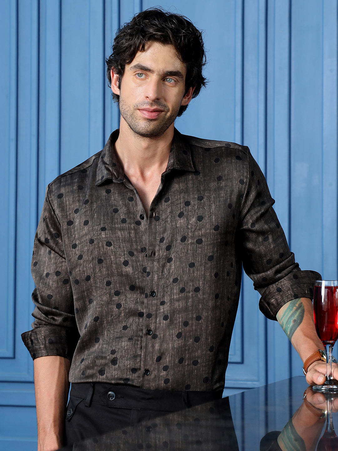 Men's Slim Fit Polka Dot Printed Party Shirt