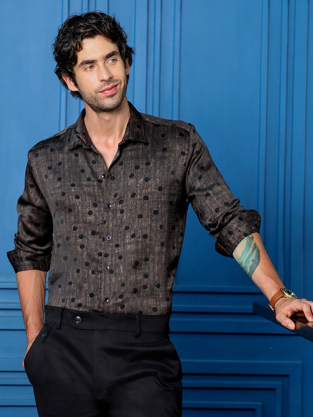 Men's Slim Fit Polka Dot Printed Party Shirt